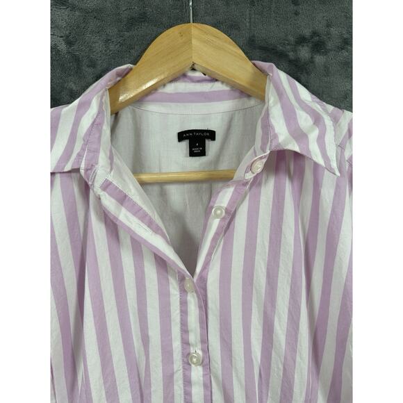 Ann Taylor Dress Size 4 Purple Striped Collared‎ Midi Shirtdress Peasant - Picture 2 of 10